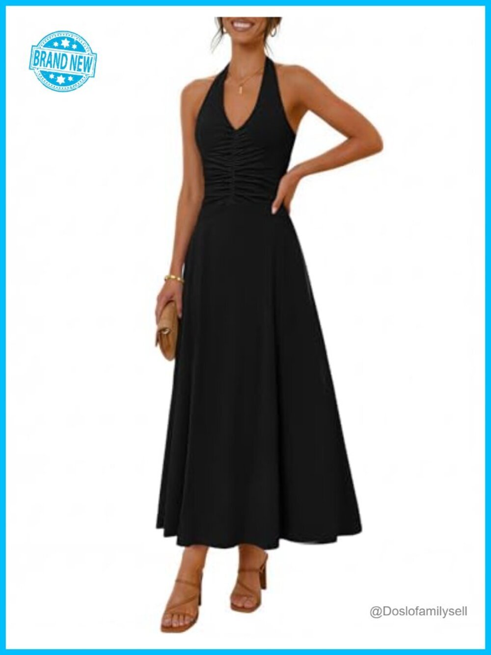 Formal Halter Maxi Dress Backless Sleeveless V Neck Ruched Cocktail Wedding